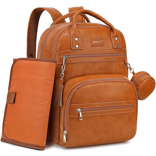 ROSEGIN Mochila de cuero para pañales de bebé con cambiador de viaje portátil para niña y niño Marrón Mochilas de viaje