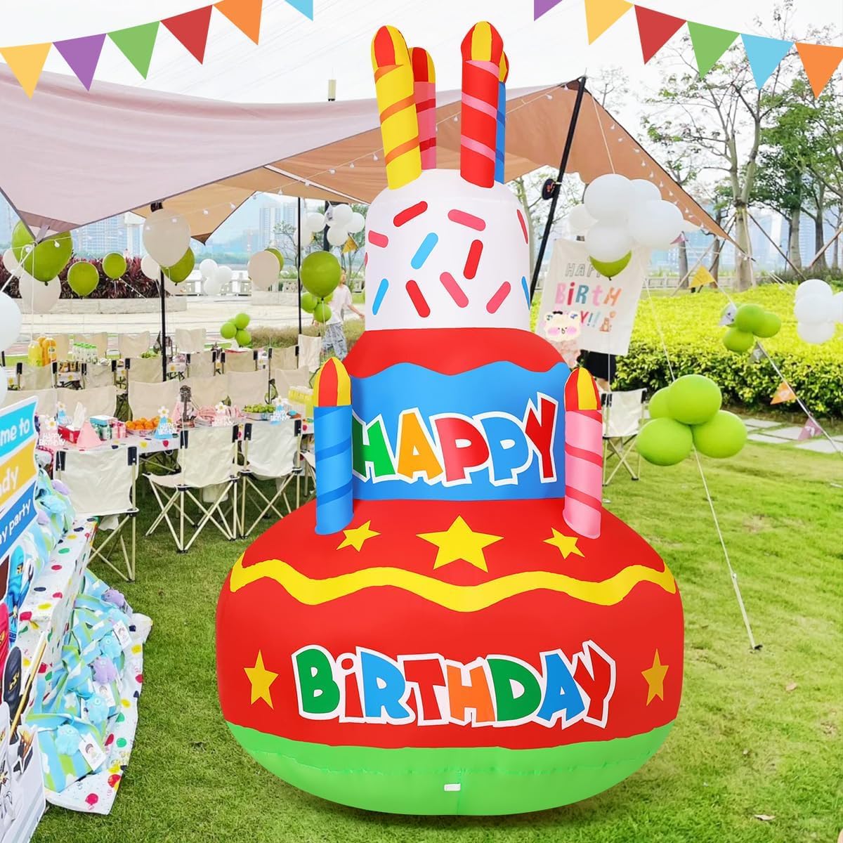 GOOSH 6.2 FT Birthday Inflatables Outdoor Decorations Cake with Candle, Happy Birthday Blow Up Yard Decoration with Colorful Rotating LED Lights for Party Garden Lawn