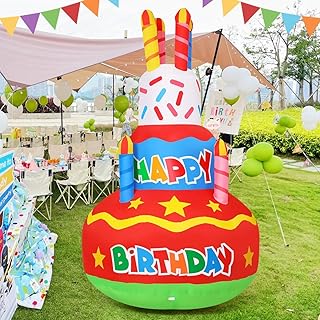 GOOSH 6.2 FT Birthday Inflatables Outdoor Decorations Cake with Candle, Happy Birthday Blow Up Yard Decoration with Colorful Rotating LED Lights for Party Garden Lawn