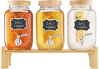 VEVOR Dispensador de Bebidas, 3 uds, 3,8 L, para Fiestas, Dispensador de Jugo de Vidrio con Soporte de Madera, Grifo de Acero Inoxidable, Infusor, para Té Helado, Limonada y Jugo, Transparente