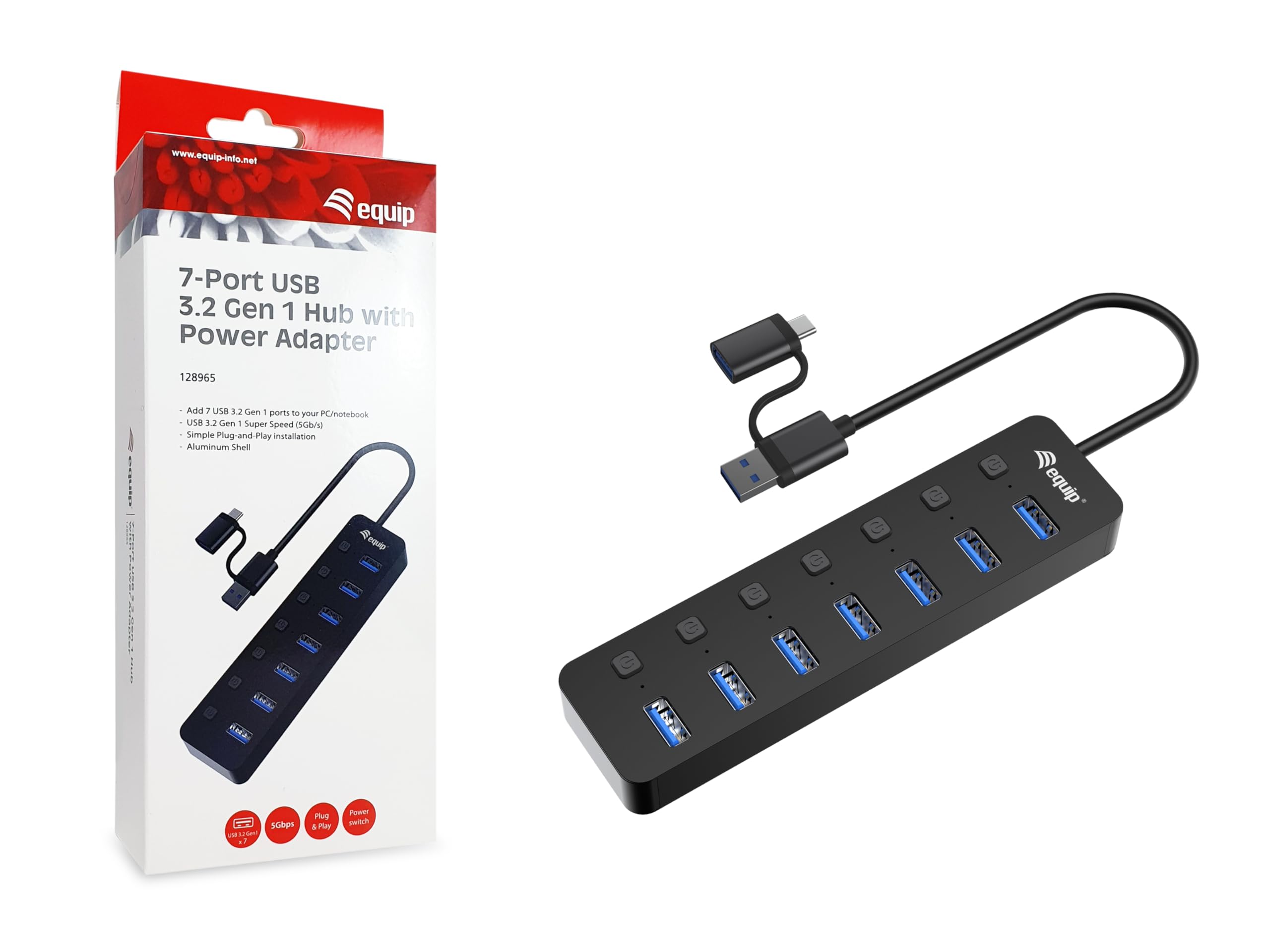Equip 128965 Hub USB 3.2 Gen 1 a 7 porte con alimentatore di rete