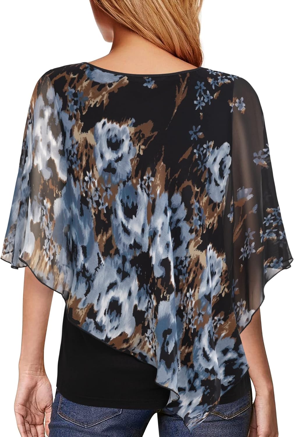 Lotusmile Women's Lightweight Flowy Shirt Double-Layered Printed Chiffon Poncho Blouse Top - Image 2