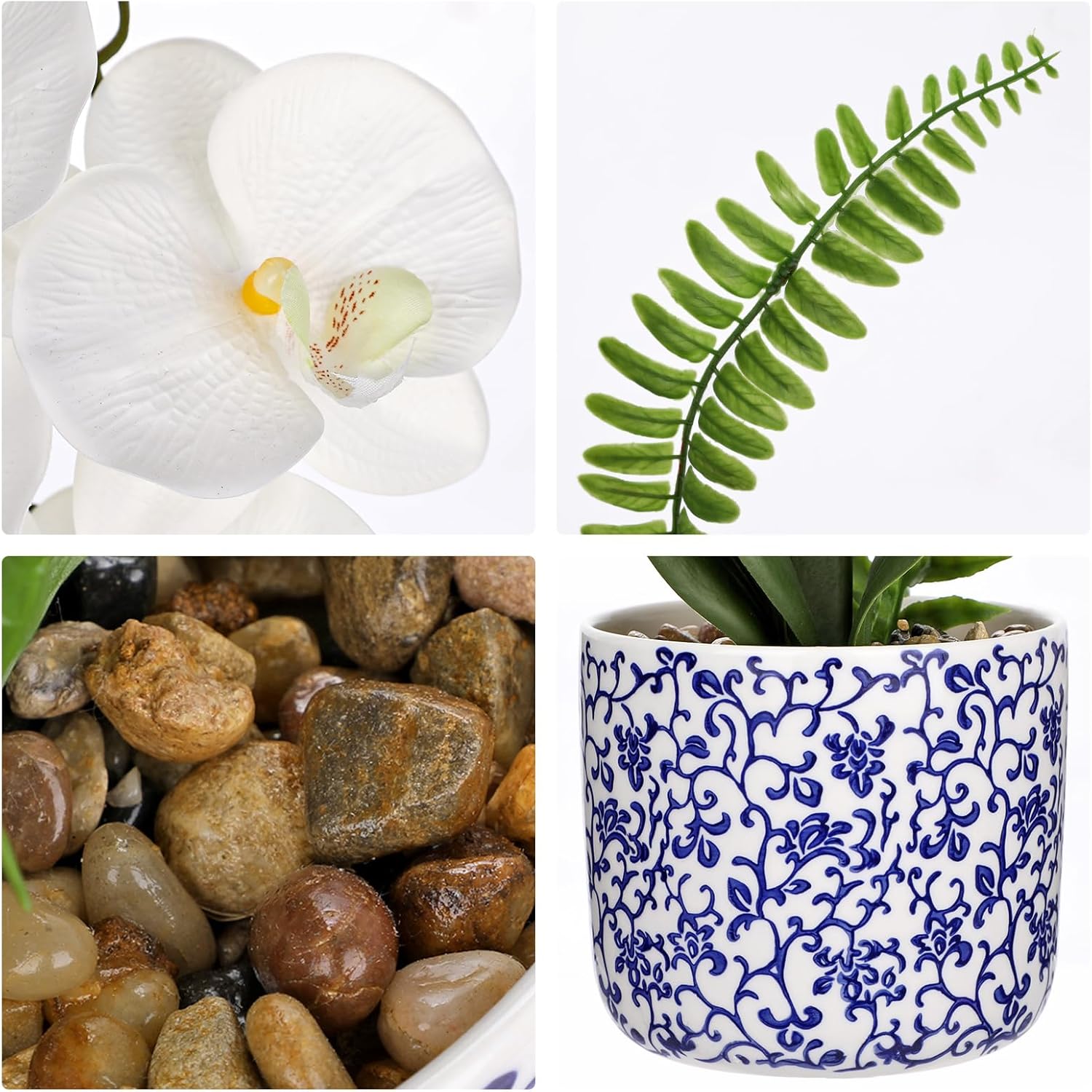 Briful White Orchid Artificial Flowers with Blue and White Pot, 16.9" Silk Orchid Fake Plant Faux Orchids for Home Office Shelf Room Table Centerpiece Decor - Image 3