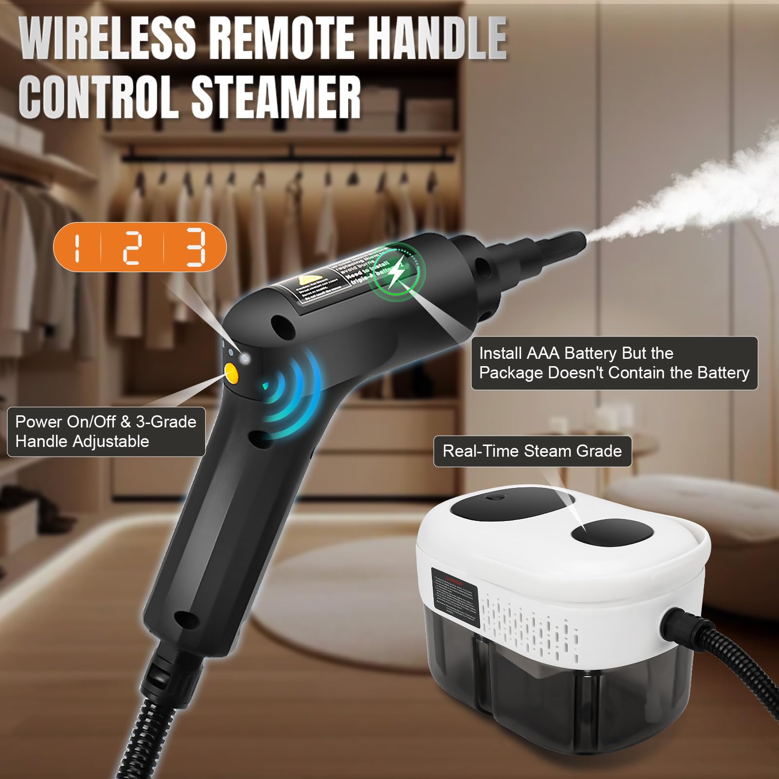 Limpiador a vapor de 2500W, Vaporeta Limpieza Hogar portátil con 1400 ml, limpiador de vapor a mano, 3 niveles ajustables, 15S calentamiento rápido, para limpiar Cocina, Baño, Ventanas