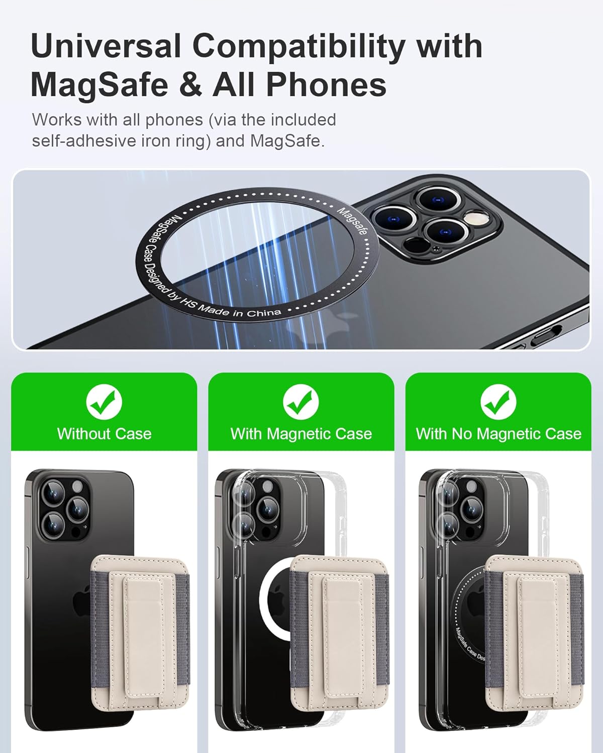 Phone Wallet for iPhone 16/15/14/13/12 Series, Ultra-Slim Magnetic Phone Wallet Stand with Self-Adhesive Iron Ring, Holds 1-8 Cards, Vegan Leather (Grayish White)