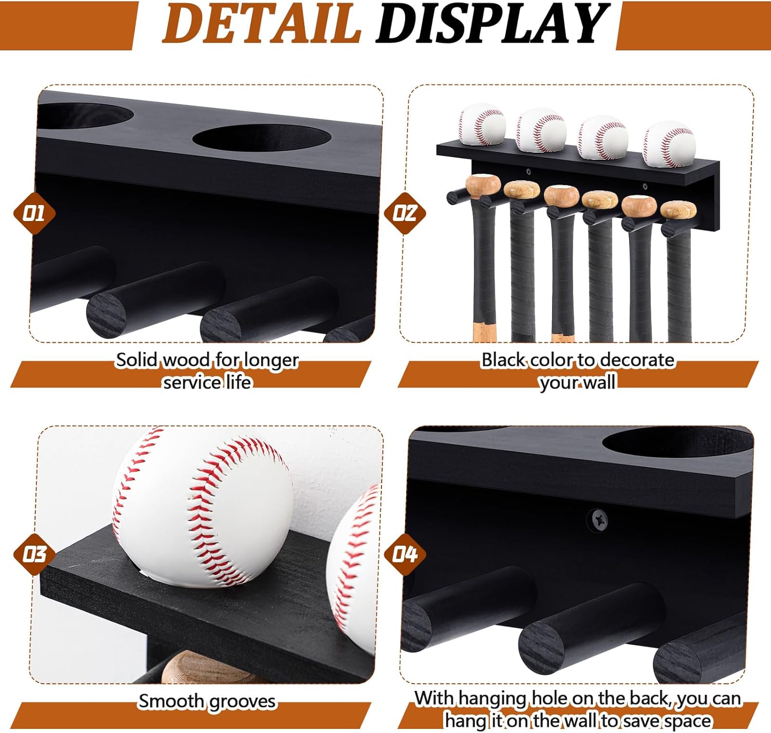 Weysat Baseball Bat and Ball Holder Wall Mounted Display Rack Can hold 4 sets of baseballs and bats, Wooden Storage Rack Stand Hanger Softball Storage Organizer (Black)