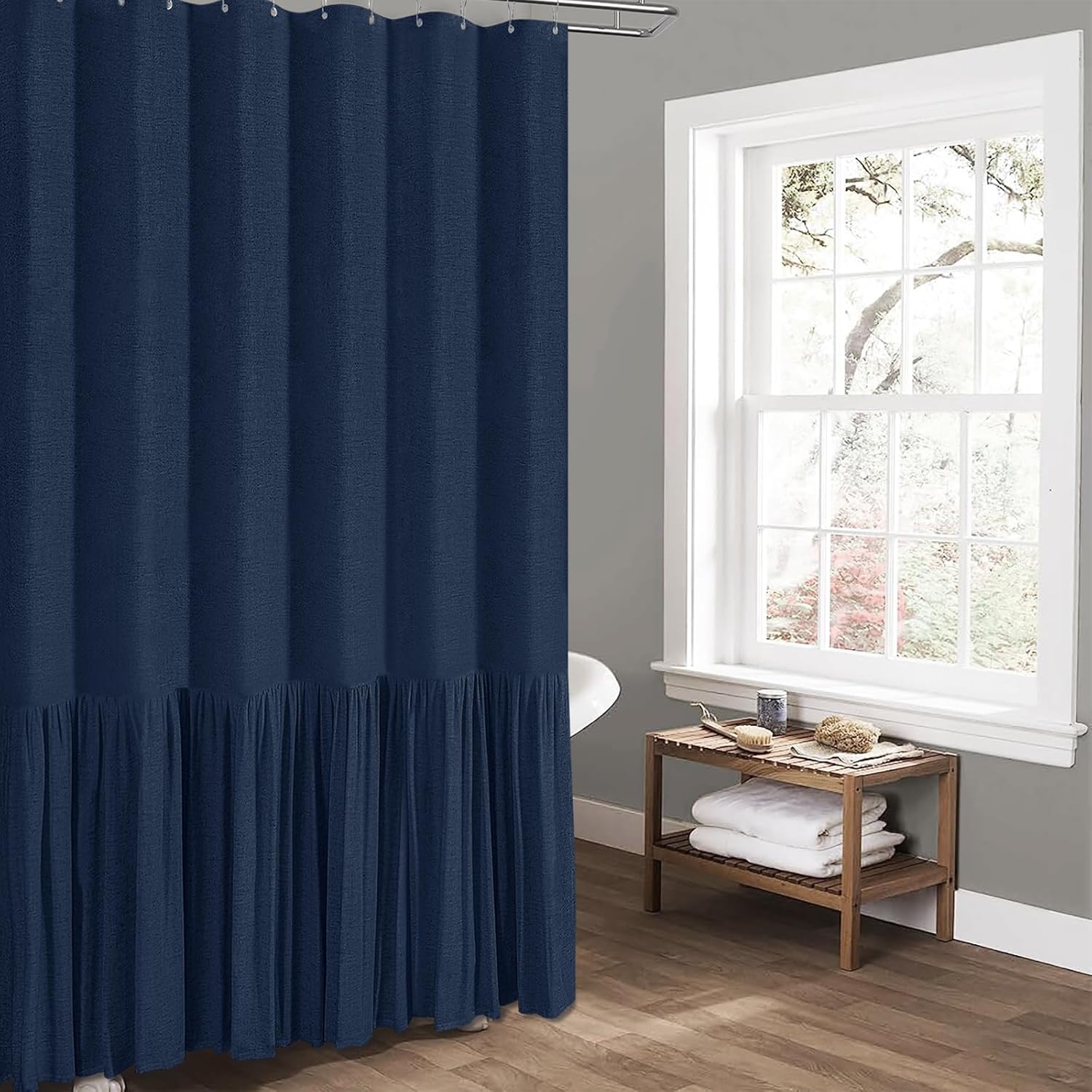 BTTN 78 Inch Long Shower Curtain - Farmhouse Thick Fabric Linen Shower Curtain Set with 12 Plastic Hooks, Tall Rustic Country Cloth Shower Curtains for Bathroom with Ruffle Hem - Navy Blue - 72x78