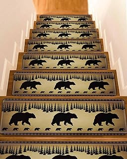 Black Bear Stair Treads for Wooden Steps Indoor Runner Rug Carpet, Vintage Animals Farmhouse Pine Brown Forest 4 Pieces Peel and Stick Staircase Step Treads Covers Washable Throw Door Mats 30"x8"