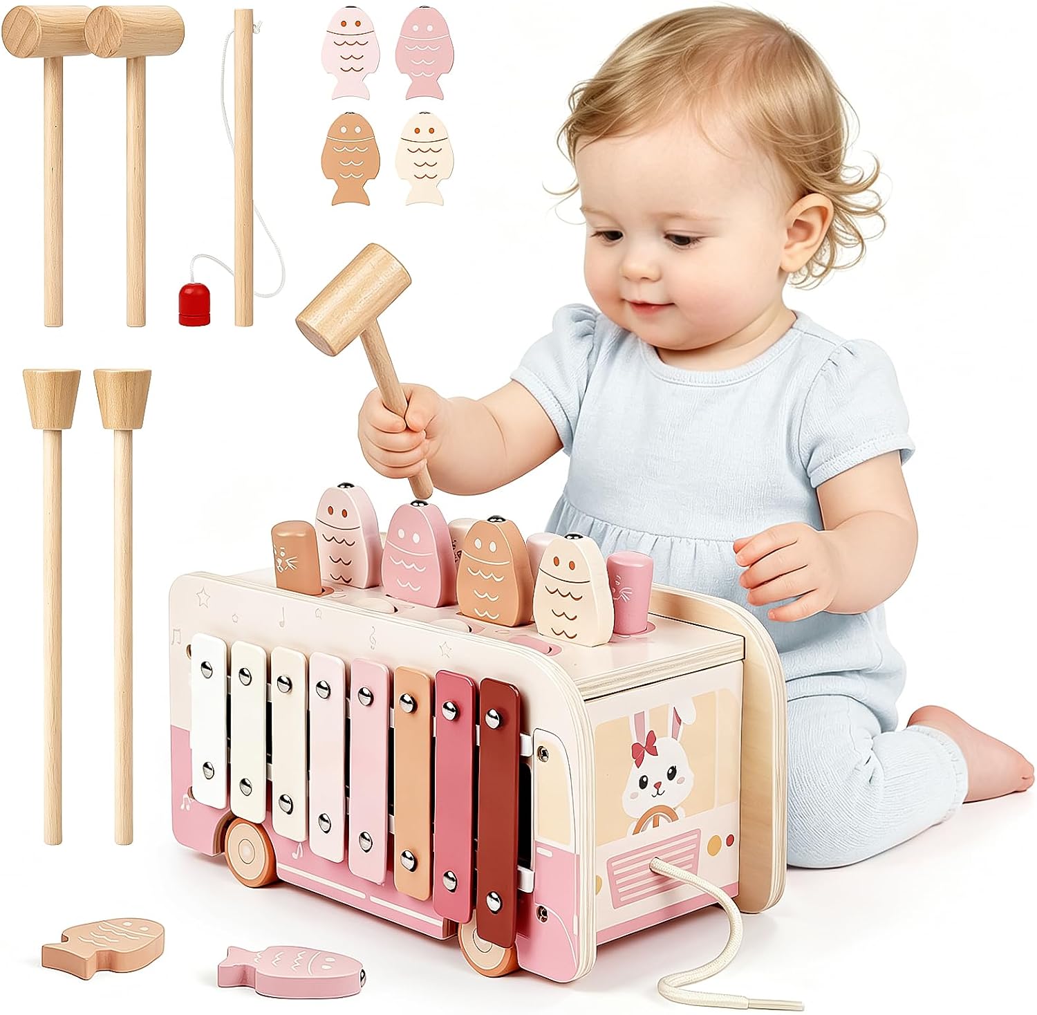  Hammering Pounding Toys for 1 Year Old Girl Gifts, Montessori Toys for 1 2 Year Old, 7 in 1 Wooden Preschool Learning Activities Toy for Toddlers 1-3 - Baby Girl Gifts 12+ Months(Pink)