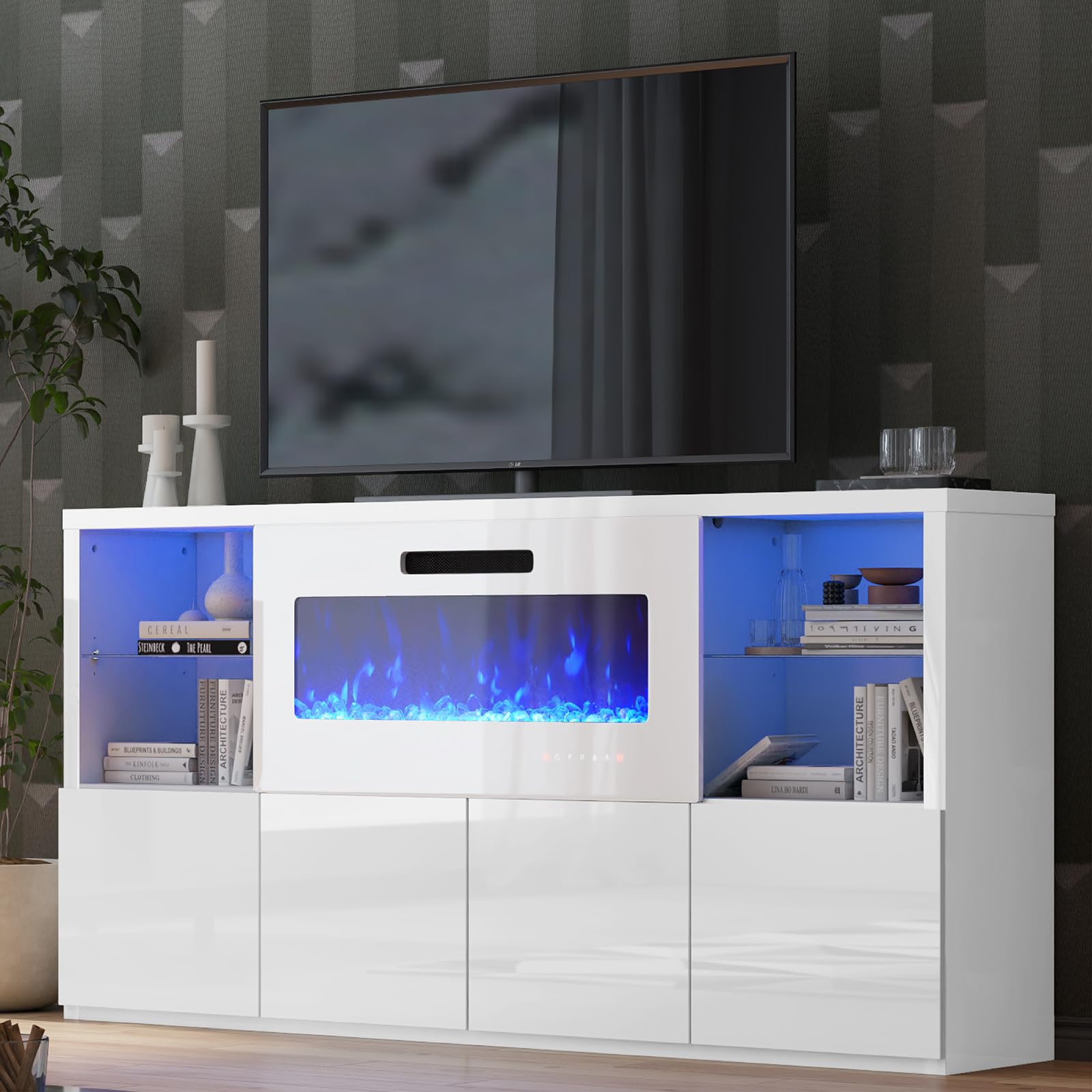 incomplete:amerlife 68" fireplace tv stand with 40" fireplace, modern high gloss fireplace entertainment center with led lights for tvs up to 78", tv console with glass shelves for living room, white