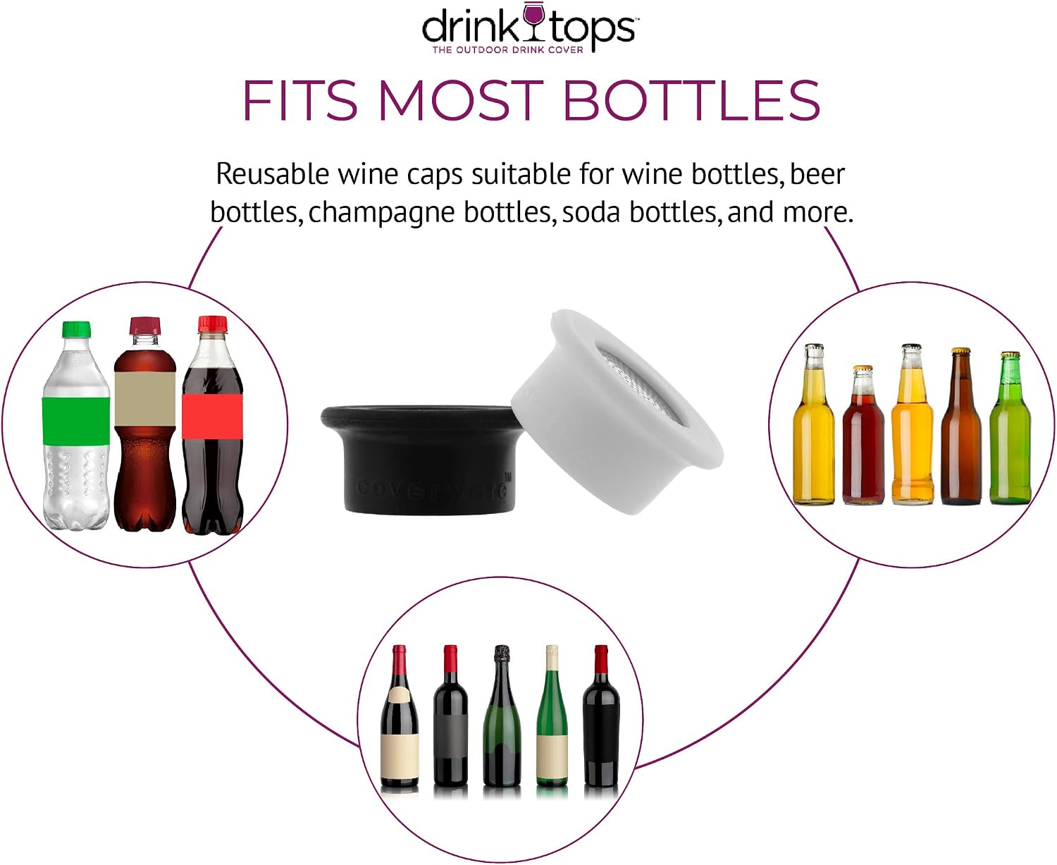 Drink Tops Ventilated Bottle Covers, 2 Pack, Black/White - BPA-Free Silicone Wine Bottle Covers to Protect Wine From Outdoor Elements - Stainless Steel Screen Insert Allows for Wine Breathability
