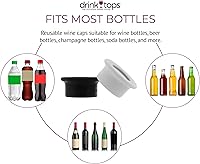 Vista 5 de Drink Tops - Fundas para botellas ventiladas, paquete de 2, color negro y blanco, fundas de silicona sin BPA para proteger el vino de elementos al