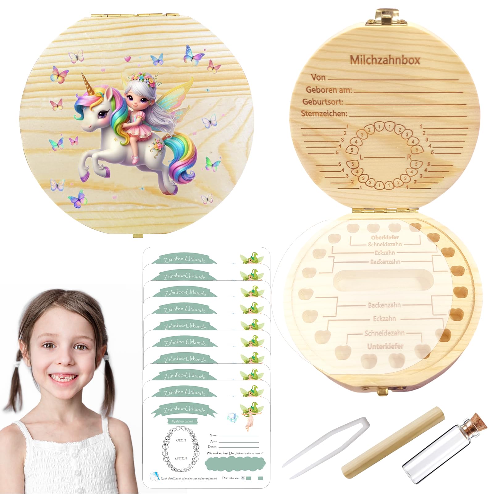 LETTERASHQP Zahndose Milchzähne Milchzahndose Einhörner Zahnbox für Milchzähne Mädchen Zahnboxs Holz mit 10 Zahnfee-Zertifikate Zahnschachtel Zahnbox für Zahnfee Geschenke Mädchen