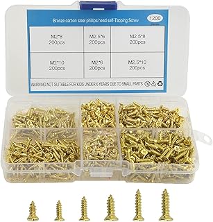 XINGYHENG 1200pcs 6 Kinds M2 M2.5 Gold-Plate Carbon Steel Flat Head Self Tapping Screw Stainless Cross Recessed Pan Head Screw Assortment Kit Collected in A Convenient Case