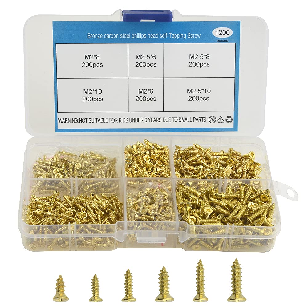 1200pcs 6 Kinds M2 M2.5 Gold-Plate Carbon Steel Flat Head Self Tapping Screw Stainless Cross Recessed Pan Head Screw Assortment Kit Collected in A Convenient Case