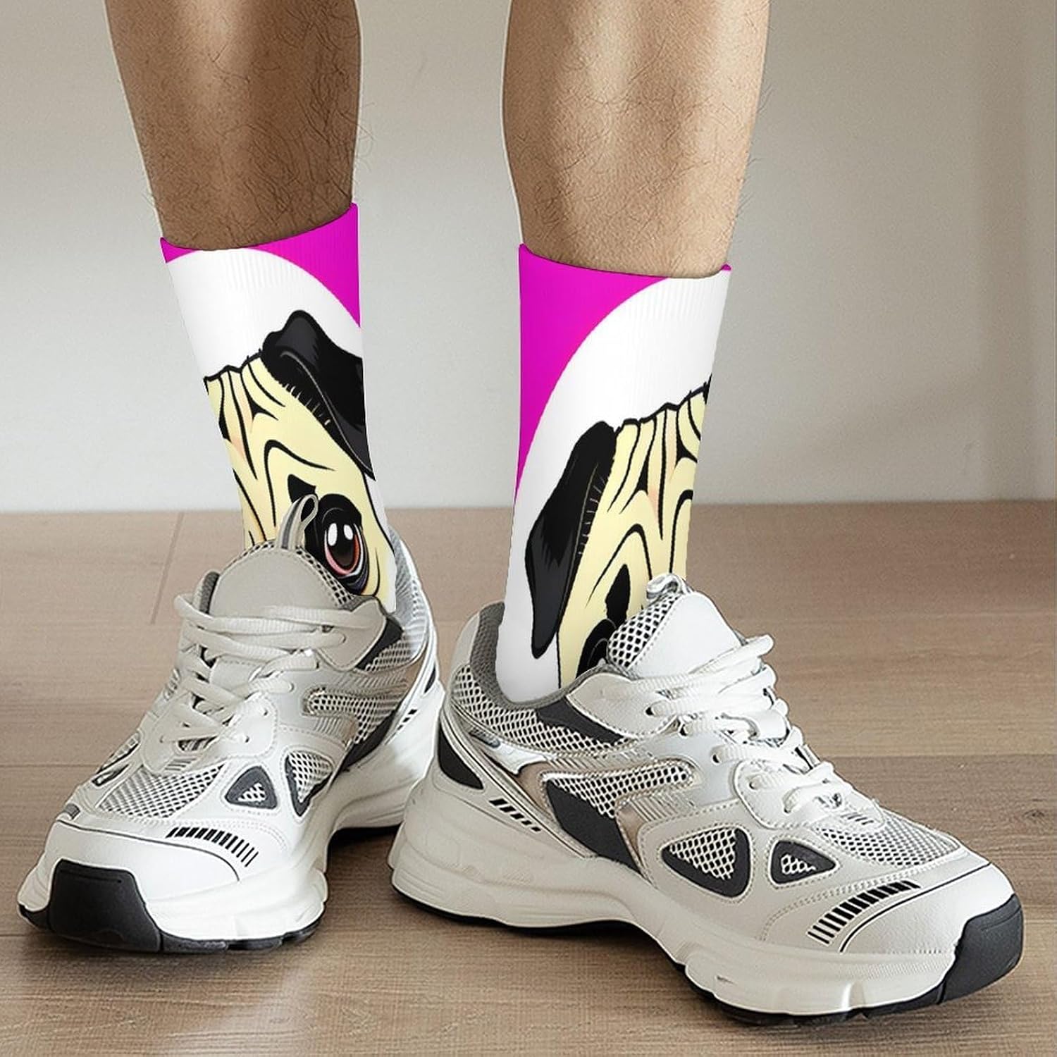 Funny Cartoon Pug Puppy Dog Crew Sock High Stocking Grippy Socks | Socks for Men & Women,Stockings-Long Thin Tube Sports, Breathable Soft Athletic for Nurses,Travel