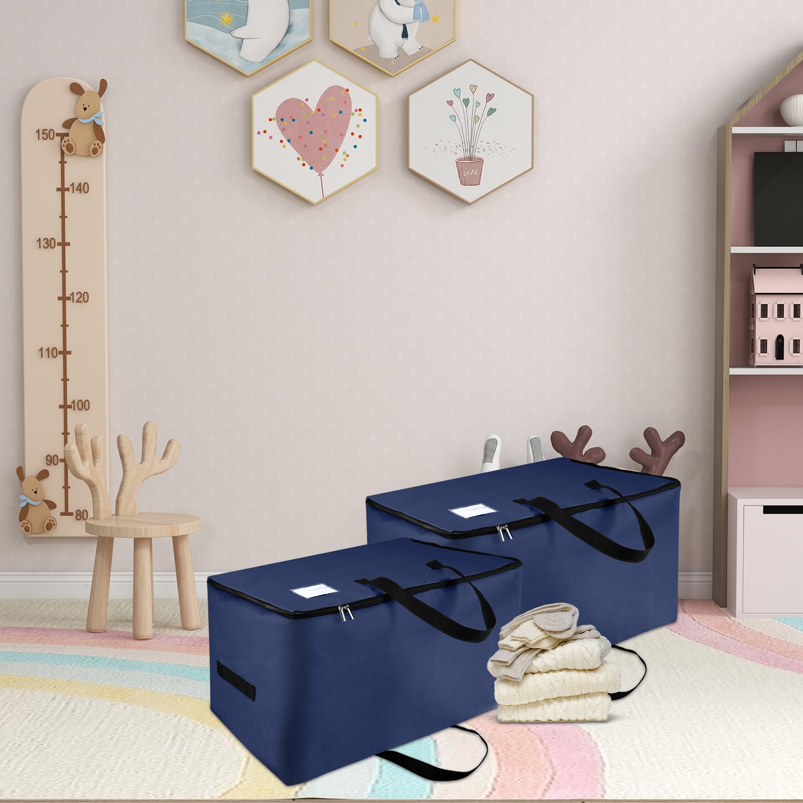 2 Pezzi Grande Borsa Portaoggetti, 105L Pieghevole Contenitore Vestiti con Manico e Cerniera, Organizzatore di Contenitore Sottoletto, Scatole Portaoggetti per Giocattoli, Trapunte, Blu Scuro