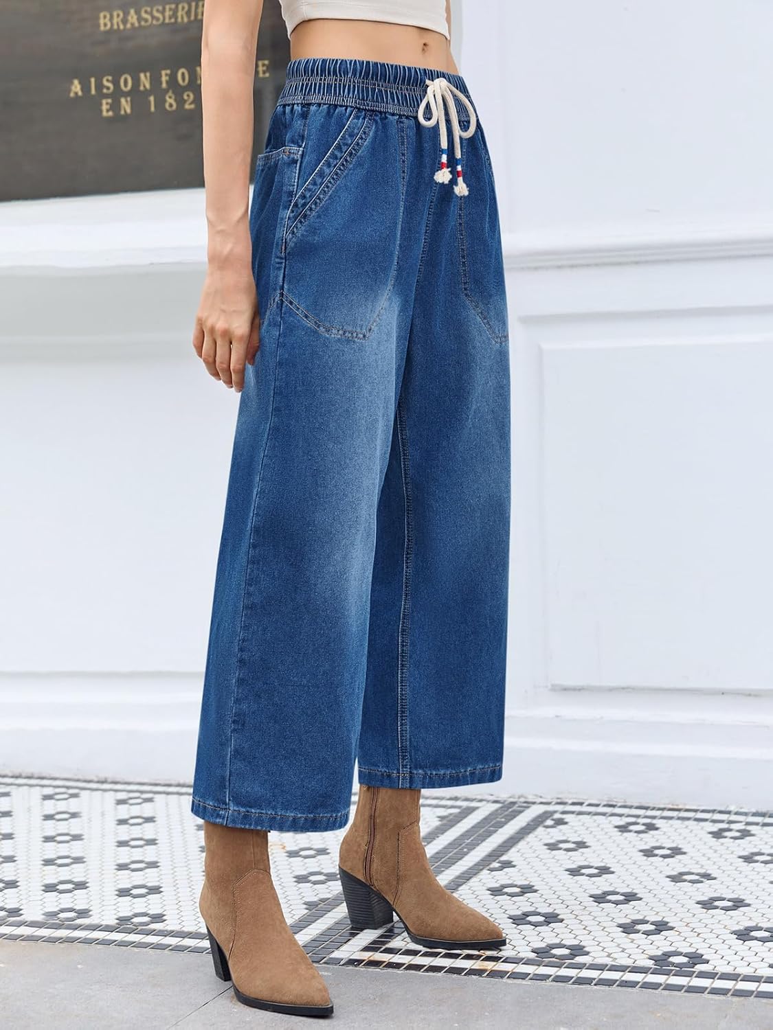 Cicy Bell Women's Wide Leg Jeans Casual Drawstring High Wasit Boyfriend Loose Baggy Capri Denim Pants with Pockets - Image 3