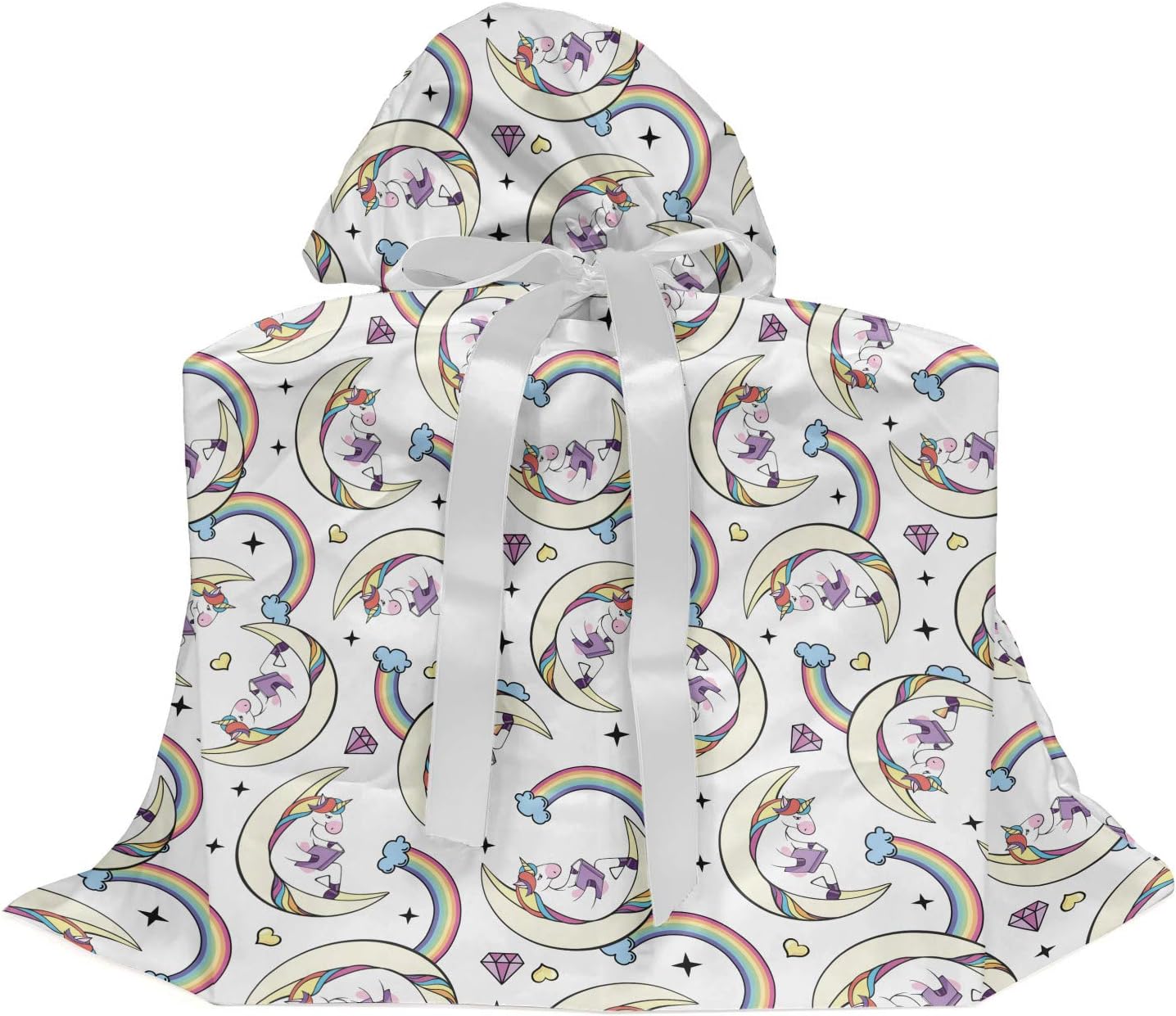 Ambesonne Rainbow Gift Bag, Unicorn Reading Book on Moon Repetitive Print, Reusable Fabric Party Favor Pouch with 3 Ribbons, 27" X 32", Ivory Multicolor