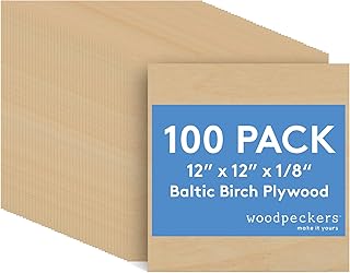 3 mm Baltic Birch Plywood 1/8 x 12 x 12 Inch, Box of 100 B/BB Grade Craft Wood, Stronger Than Basswood Sheets, for Laser, CNC Cutting and Wood Burning, by Woodpeckers