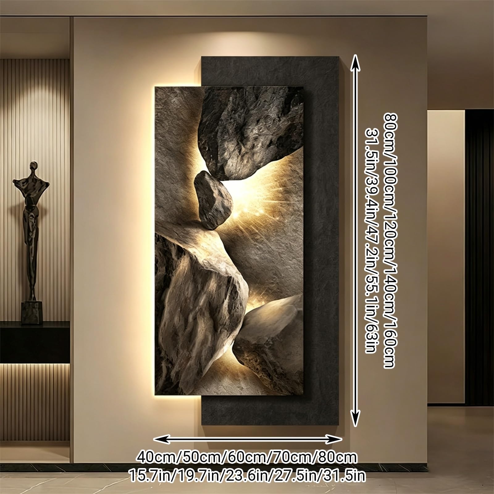 Sztuka ścienna 3D Vision z oświetleniem LED, wiszące obrazy z wazonem i sztuczną rośliną, do sypialni, salonu, przedpokoju, 80 x 160 cm