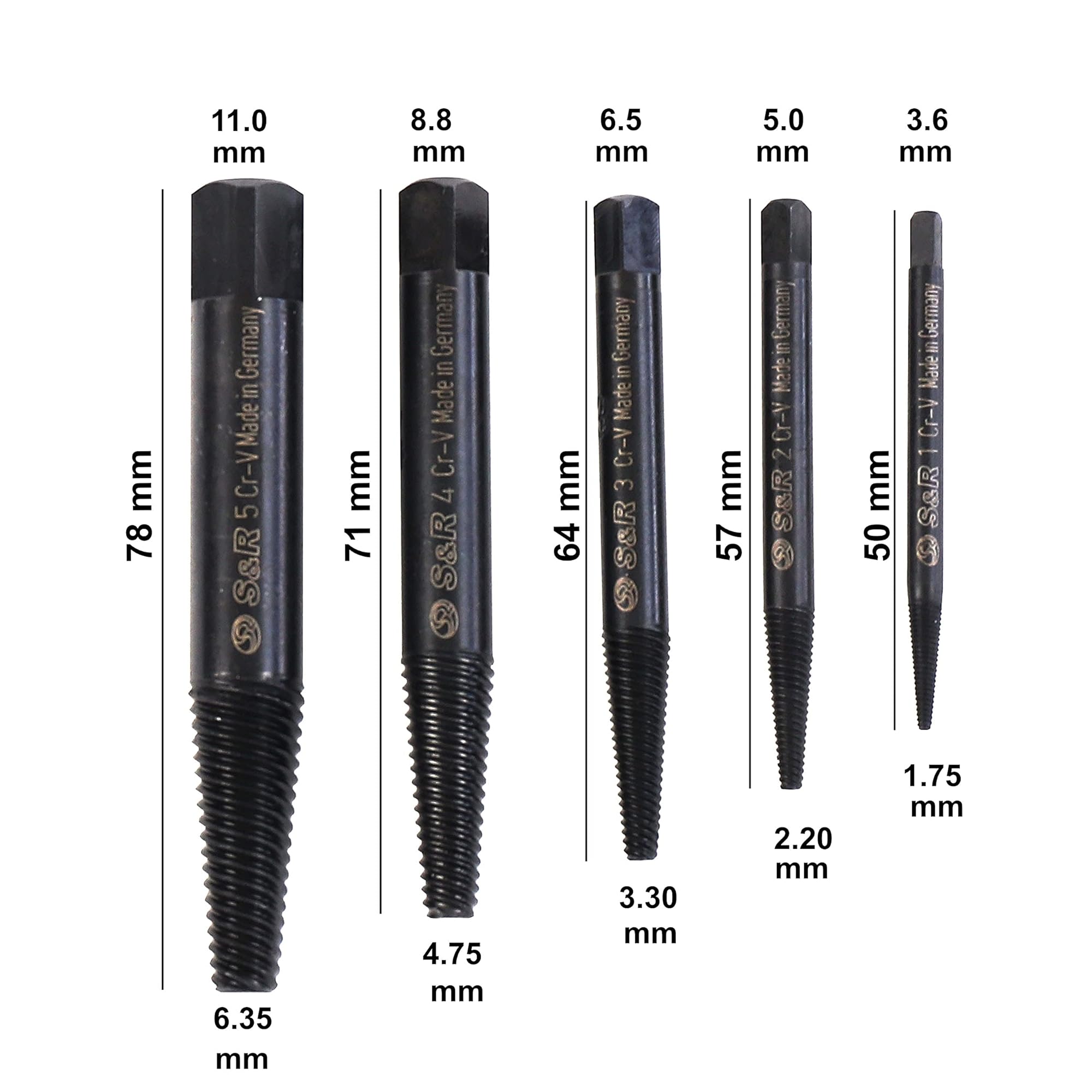 S&R Estrattore Viti Danneggiate Rotazione a SINISTRA Set 5 pz MADE IN GERMANY Per Viti e Bulloni da 3 a 18 mm