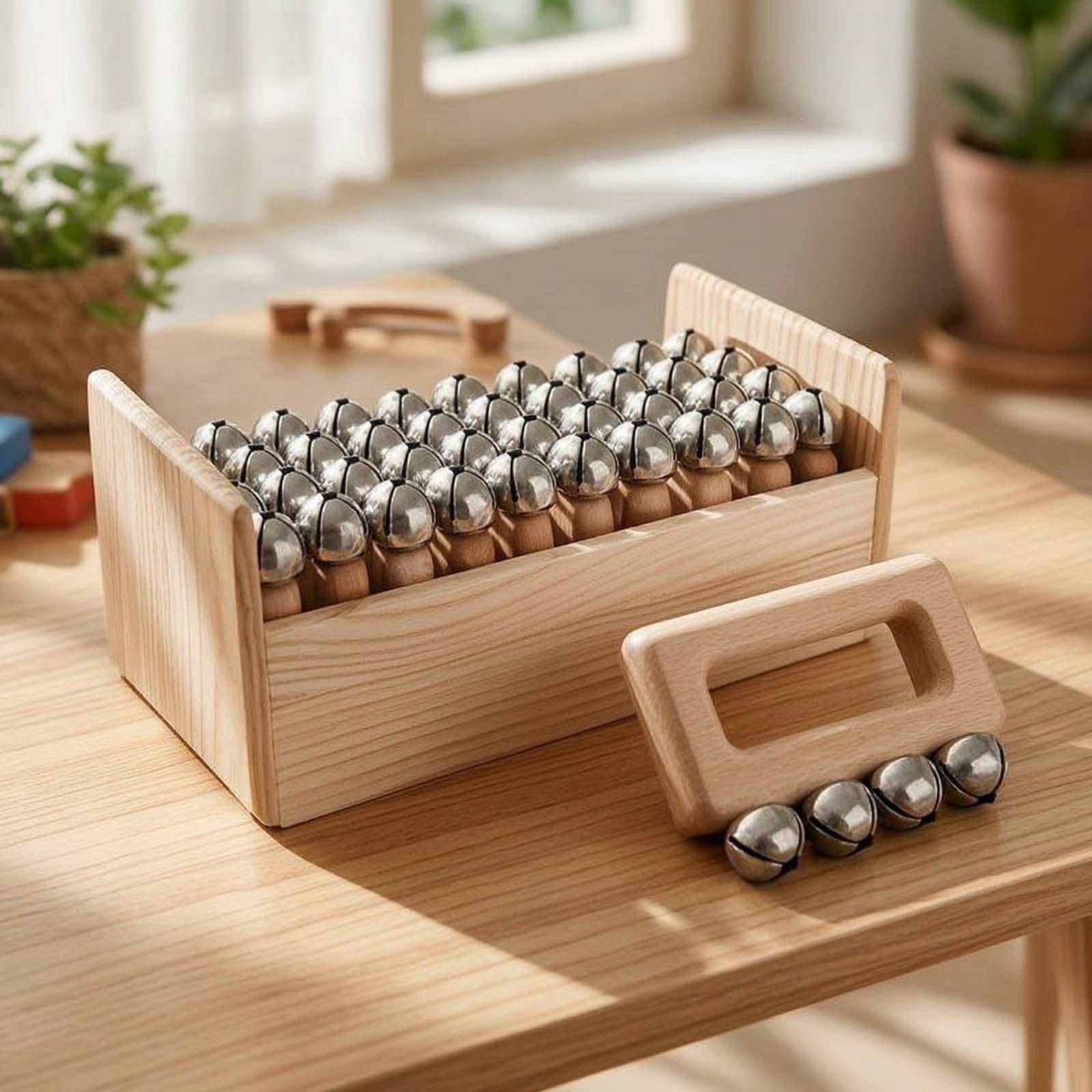 harayaa Campanella Musicale per Bambini Strumento a Percussione Sonaglio a Mano Raganella Tradizionale in Legno con in Metallo, Sette Campanelle A Mano A Mezzaluna + Scatola Di Legno