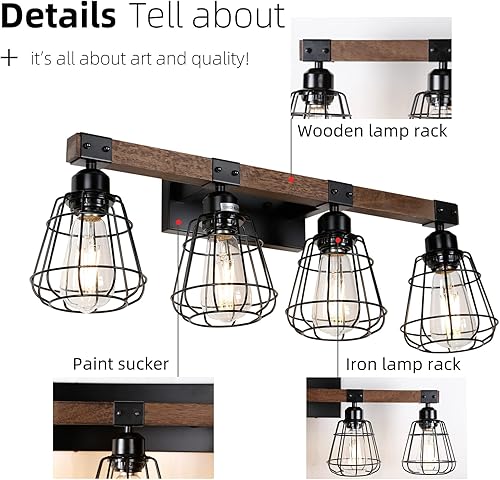 Miniatura 3 de Lámpara de tocador de baño, lámpara de pared rústica de madera de 4 luces, accesorio de iluminación industrial de baño sobre espejo, moderno aplique