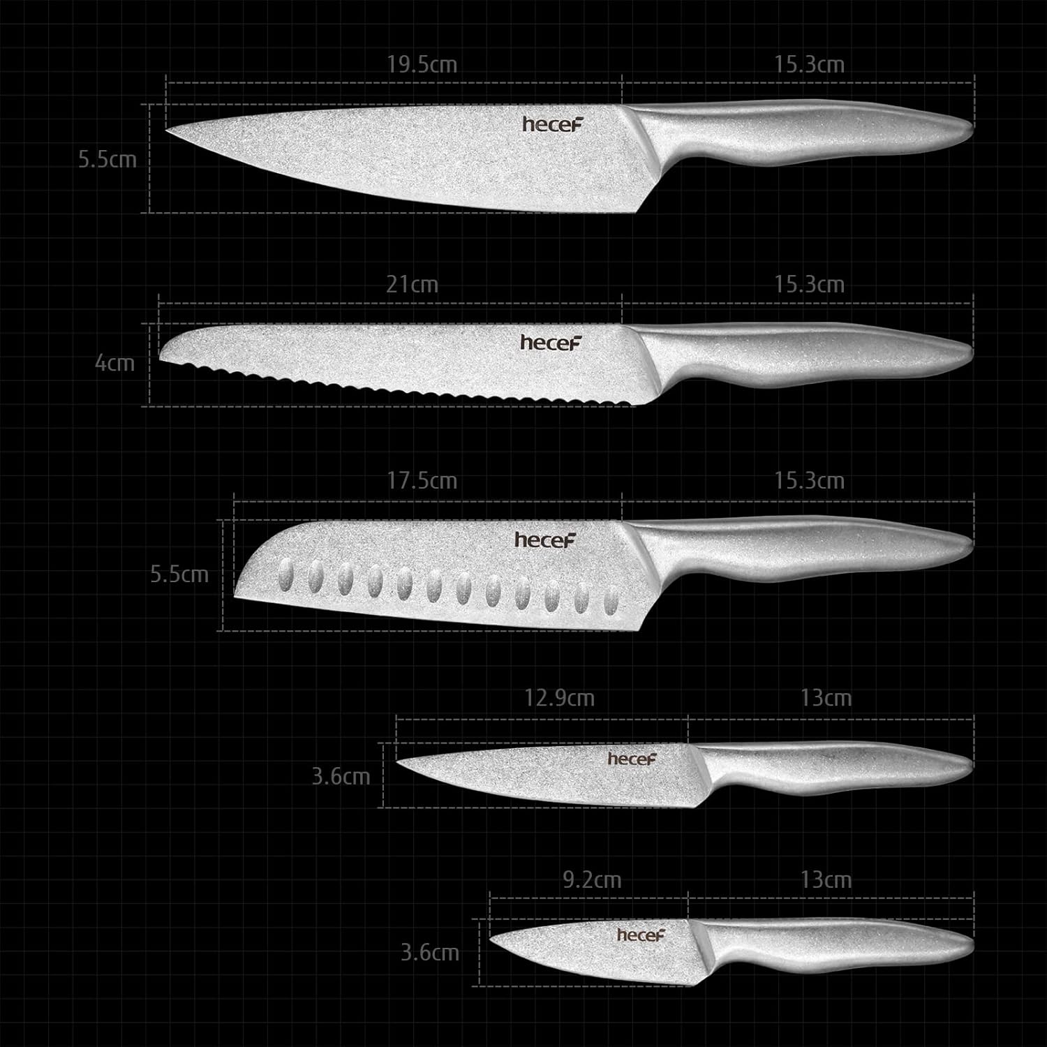 hecef Vintage Style Kitchen Knife Sets,Scratch Resistant Camping Matte Knives with 5 Slots Recycled Oxford Cloth Knife Roll Bag & Covers,Stonewashed High Carbon Stainless Steel Blades & Hollow Handle