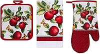 Vista 1 de Juego de 3 piezas de ropa de cocina con estampado de Apple Orchard, 1 toalla de algodón, 1 agarradera, 1 guante de horno con lazo para colgar