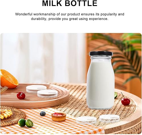 Miniatura 8 de Luxshiny 4 botellas de leche de vidrio transparente con tapas herméticas de metal, botellas de 6.8 fl oz, recipientes para bebidas de cristalería