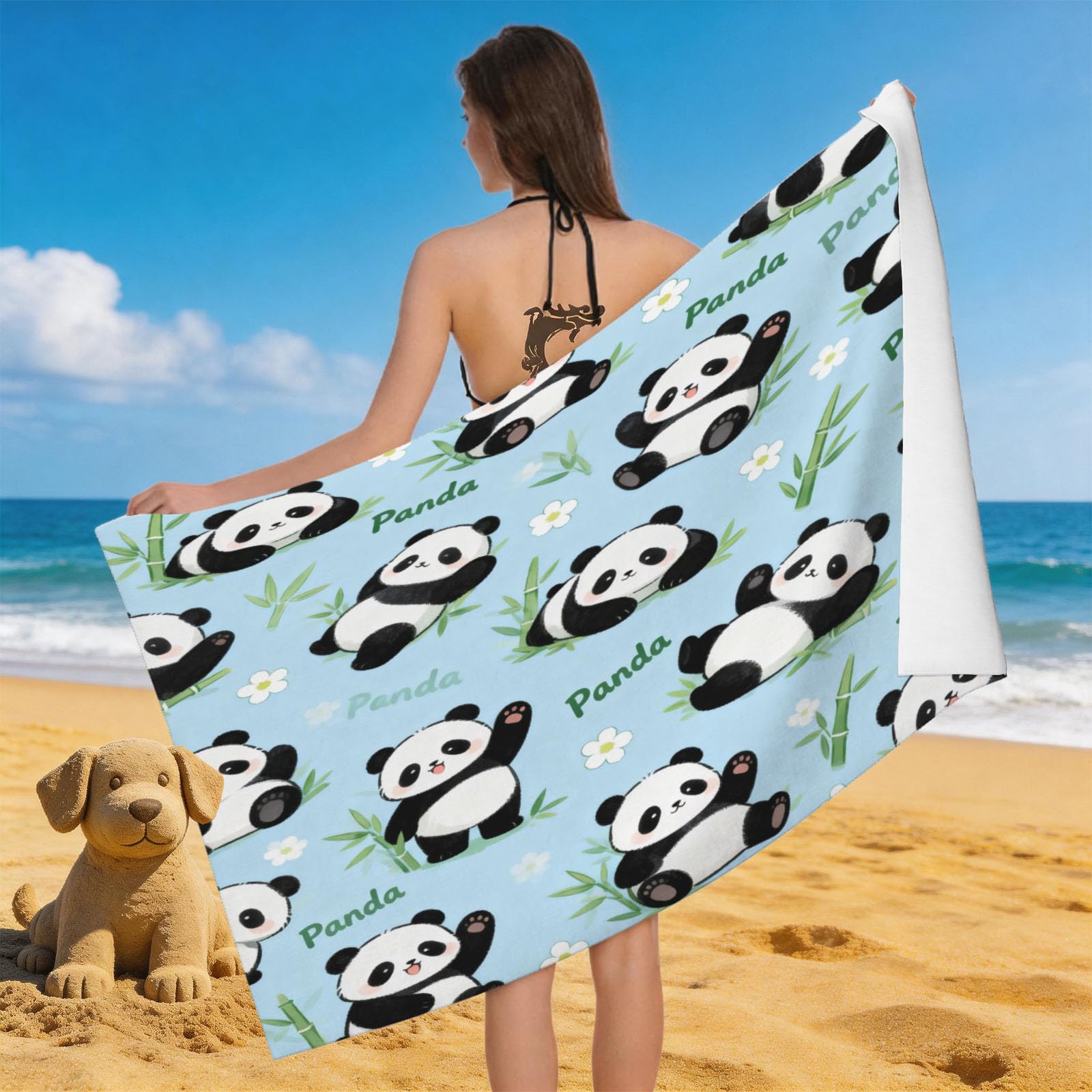 Leichong 3D Panda Beach Towel Microfiber Soft Quick Dry for Adults, Cute Animals Bath Towel Lightweight Soft Absorbent for Travel Swimming Pool Sports, 75 x 150 cm