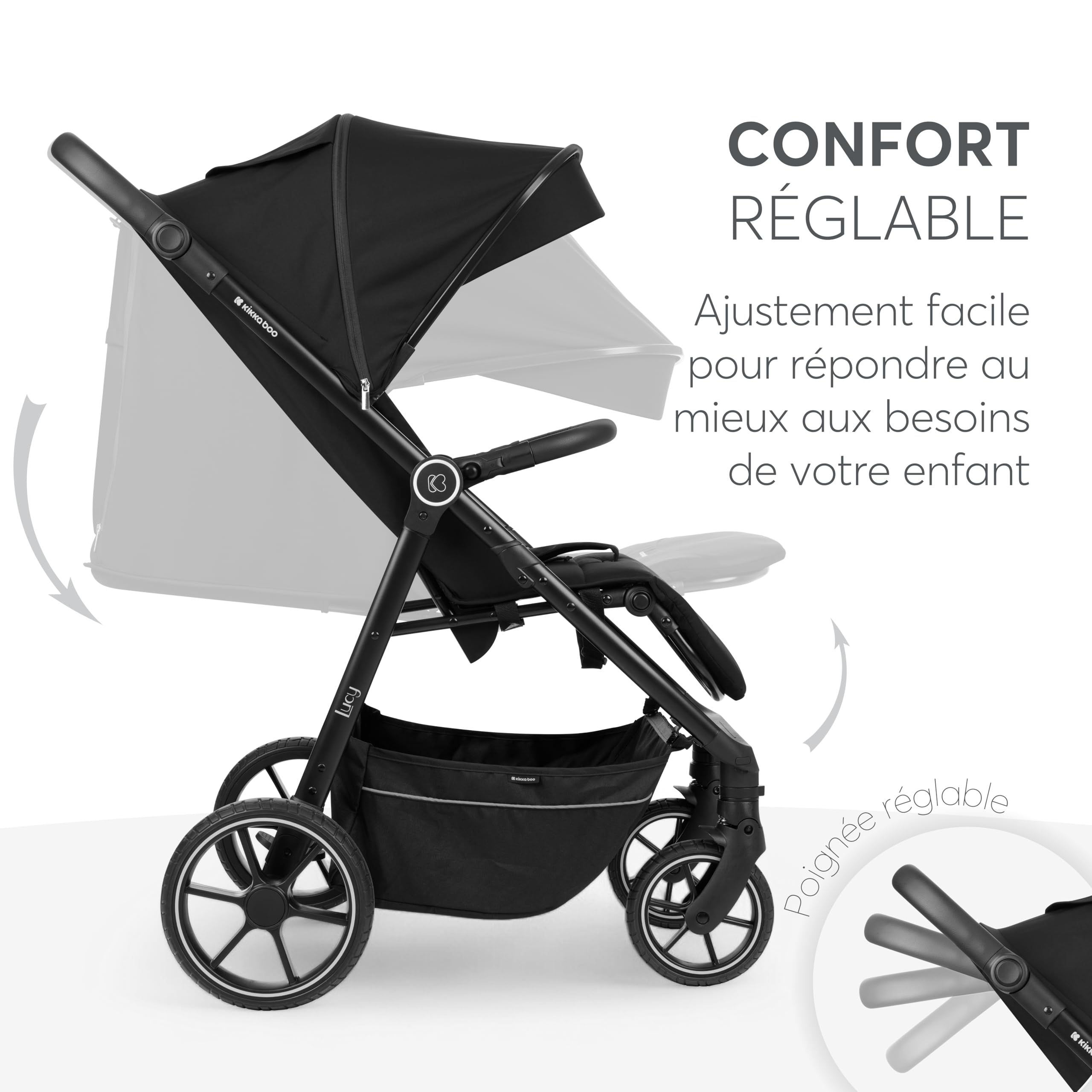 Poussette KikkaBoo LUCY, poussette bébé, jusqu'à 22 kg, poussette légère, pliable et compacte, noire