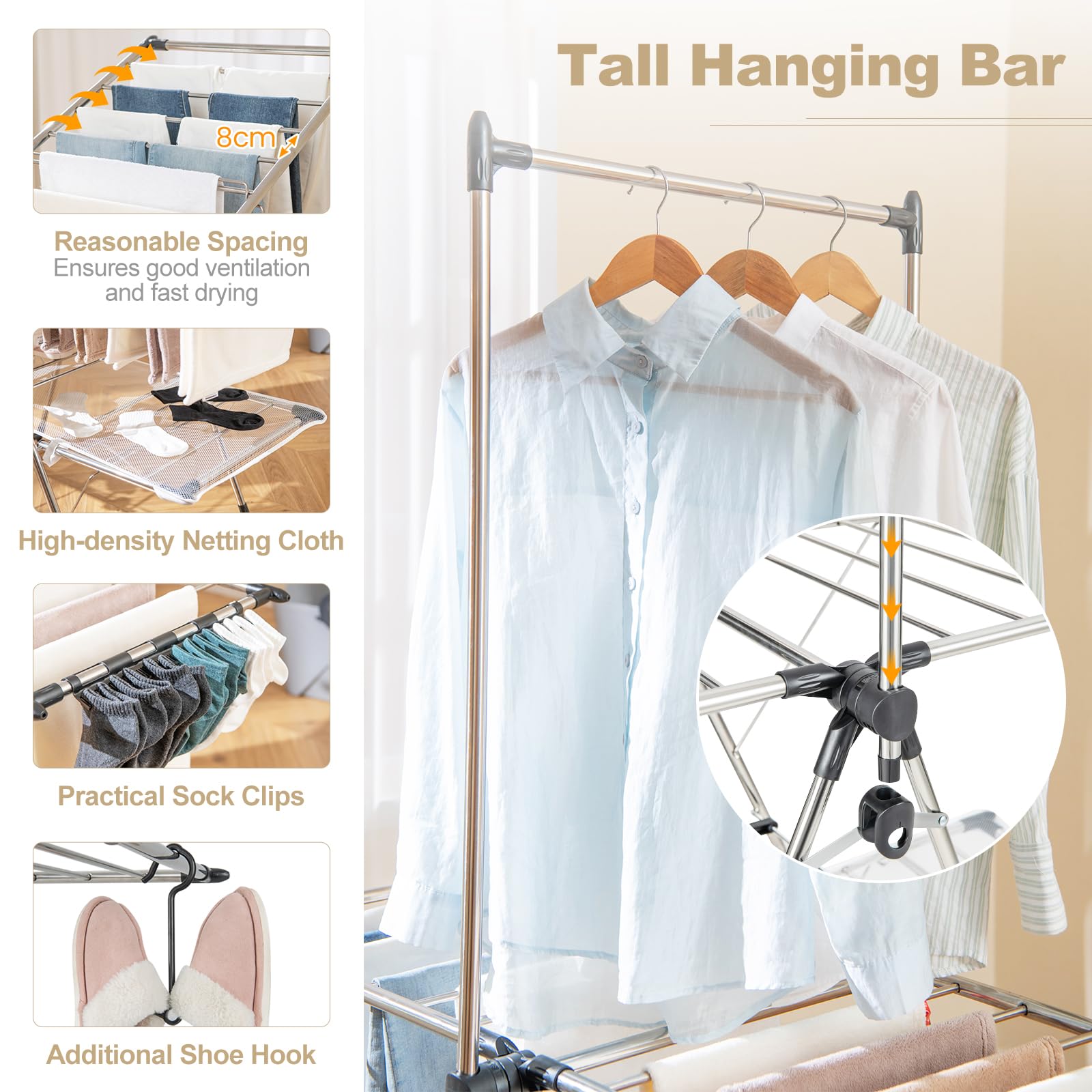 Giantex Wäscheständer, faltbar, mit 2 Ebenen, zusammenklappbar, mit hoher Aufhängung, nützlichen Clips, stabiler Stahlrahmen, verstellbare Flügel, 70 – 140 cm, für drinnen und draußen