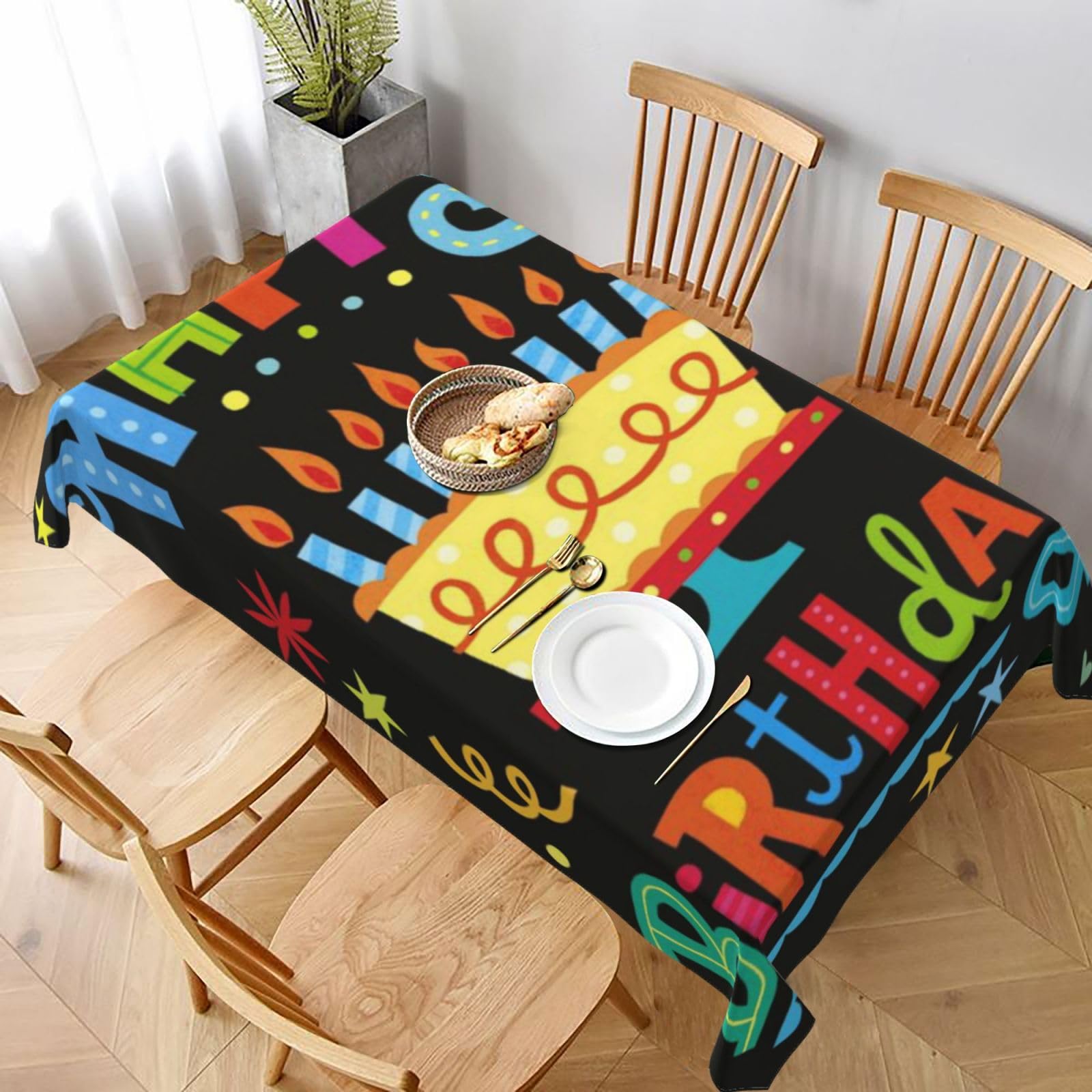 BNVSADC Happy Birthday Big Cake Printed Rectangle Tablecloth 228x152 CM, Water Resistant Polyester Table Cloth Decorative Fabric Table Covers for Kitchen Dining Table Parties Camping