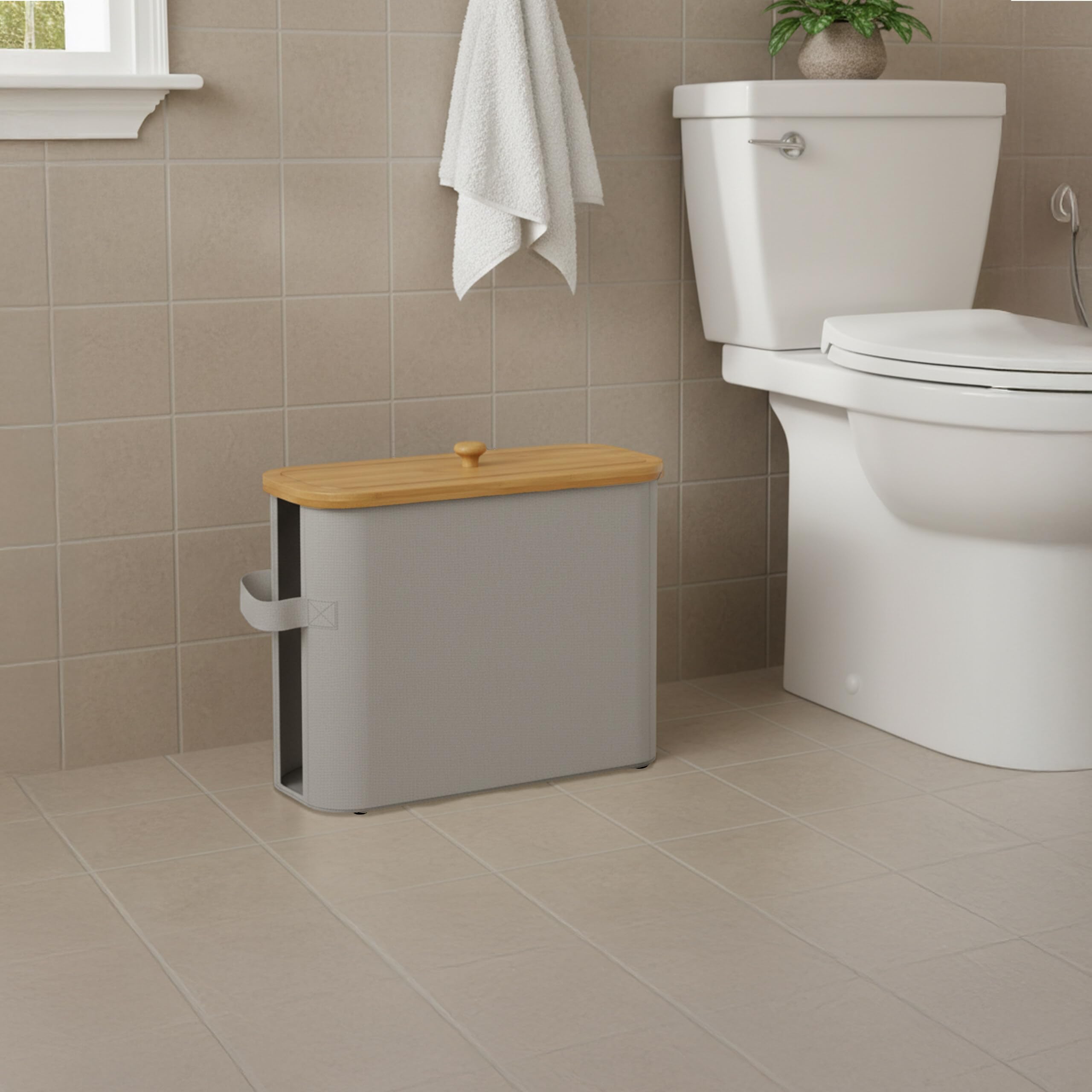 Portarotoli Relaxdays, 12 Rotoli, HxLxP: 33 x 45 x 16 cm, Tessuto, bambù, portacarta igienica, riserva, Grigio