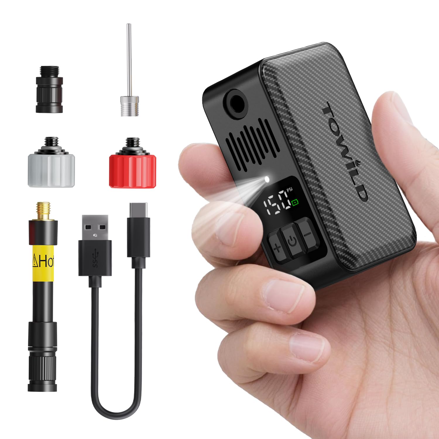 TOWILD A15 Gonfleur de Vélo Électrique 150PSI, Pompe à Air de Vélo Portable sans Fil avec Arrêt Automatique, Batterie 2×800mAh pour 8 Pneus, Lumière LED pour Vélo de Route et VTT
