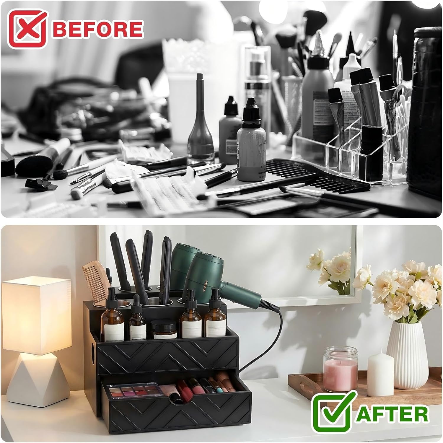 Hair Tool Organizer with Drawer, Hair and Makeup Bathroom Vanity Organizers and Storage Fits Blow Dryer, Curling Iron, Makeup Brushes, Skincare, Hot Tools Organizer for Tidy Counter(Black)