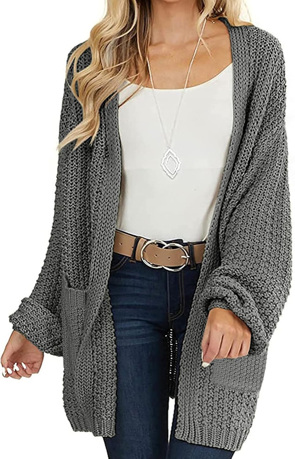 MEROKEETY Women's 2025 Fall Open Front Chunky Knit Sweater Oversized Lantern Sleeve Cardigan Outwear