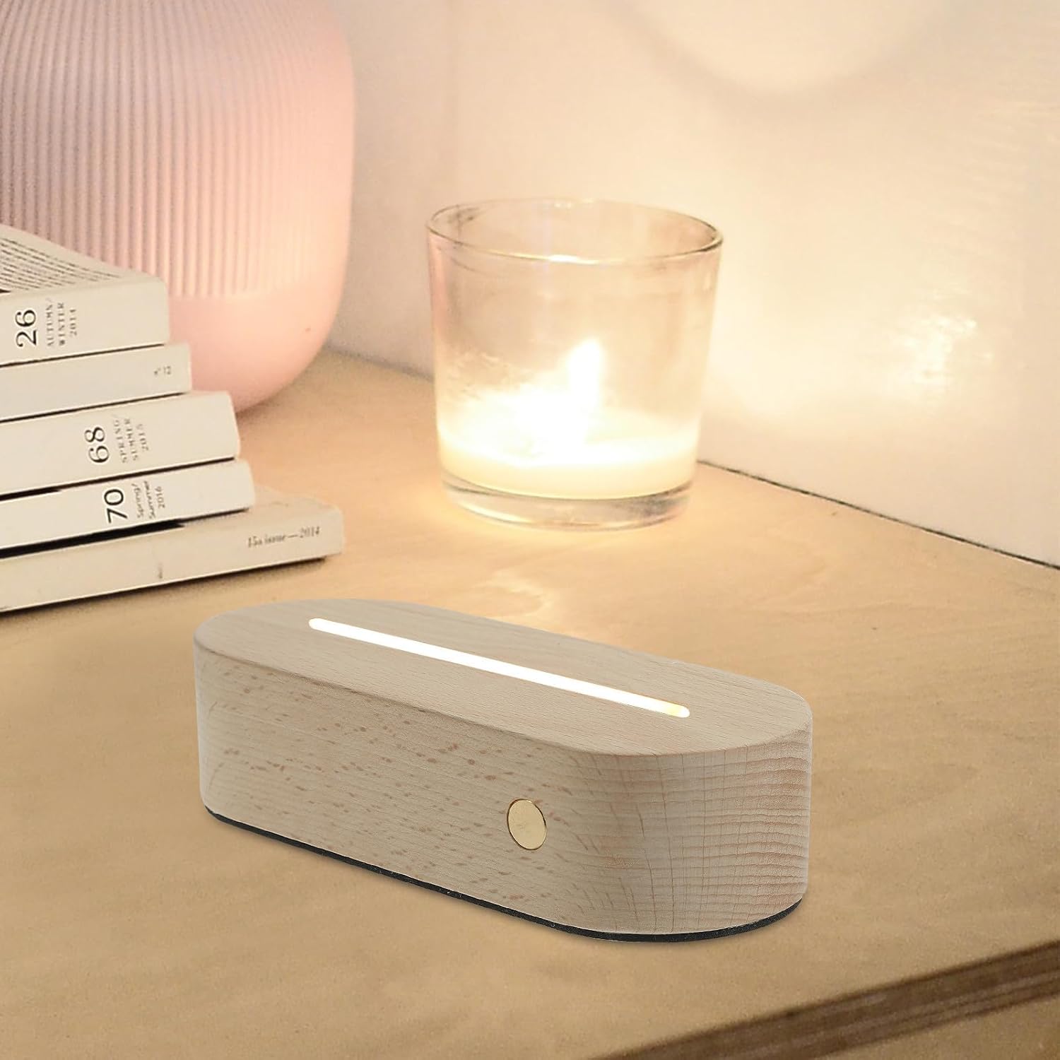 Kichvoe Oval Wooden LED Light Base for Display Stand, Stable USB Powered Pedestal with 200mah Battery, for Crystal and Paperweights Decoration on Desk or Room