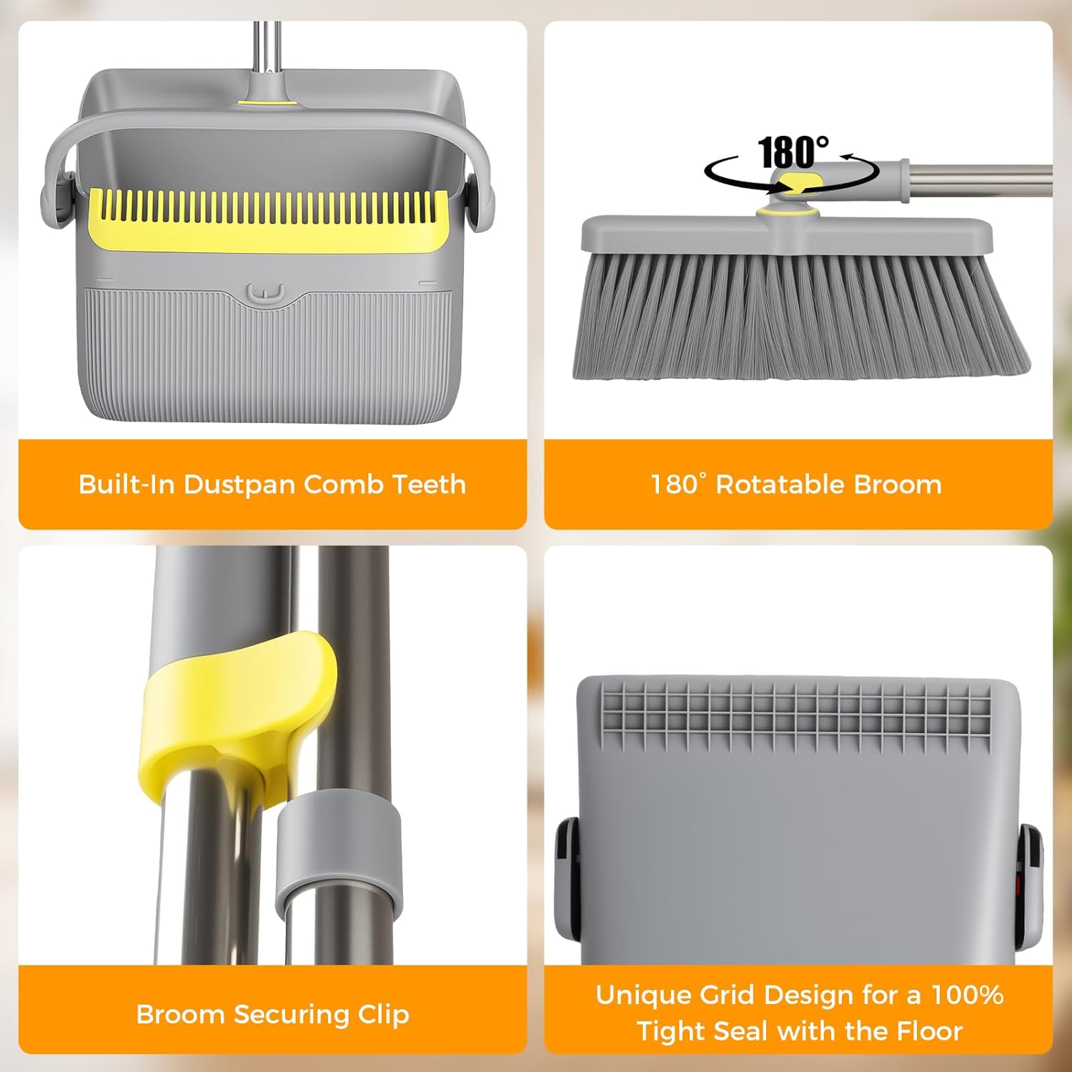 Upgrade Broom and Dustpan Set 180° Rotatable Head with 61" Extra Long Adjustable Handle Self-Cleaning Dustpan Teeth&Zero Gap Indoor Outdoor Sweeping for Home Kitchen Office Pet Hair-Gray&Yellow