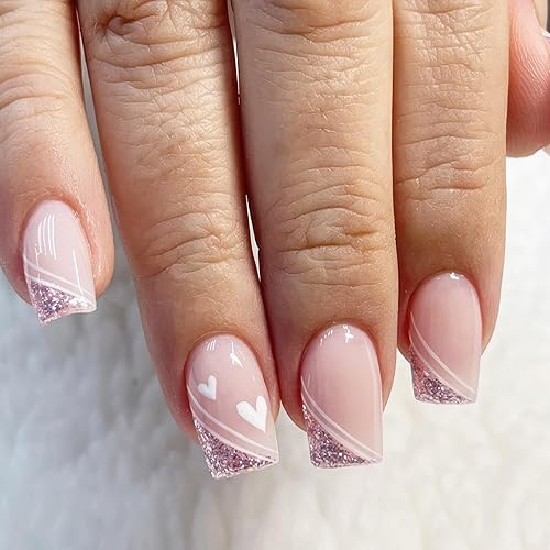 Miniatura 5 de 24 uñas postizas acrílicas de punta francesa blanca a presión, acabado brillante con diseño de purpurina verde, color rosa nude medio, uñas