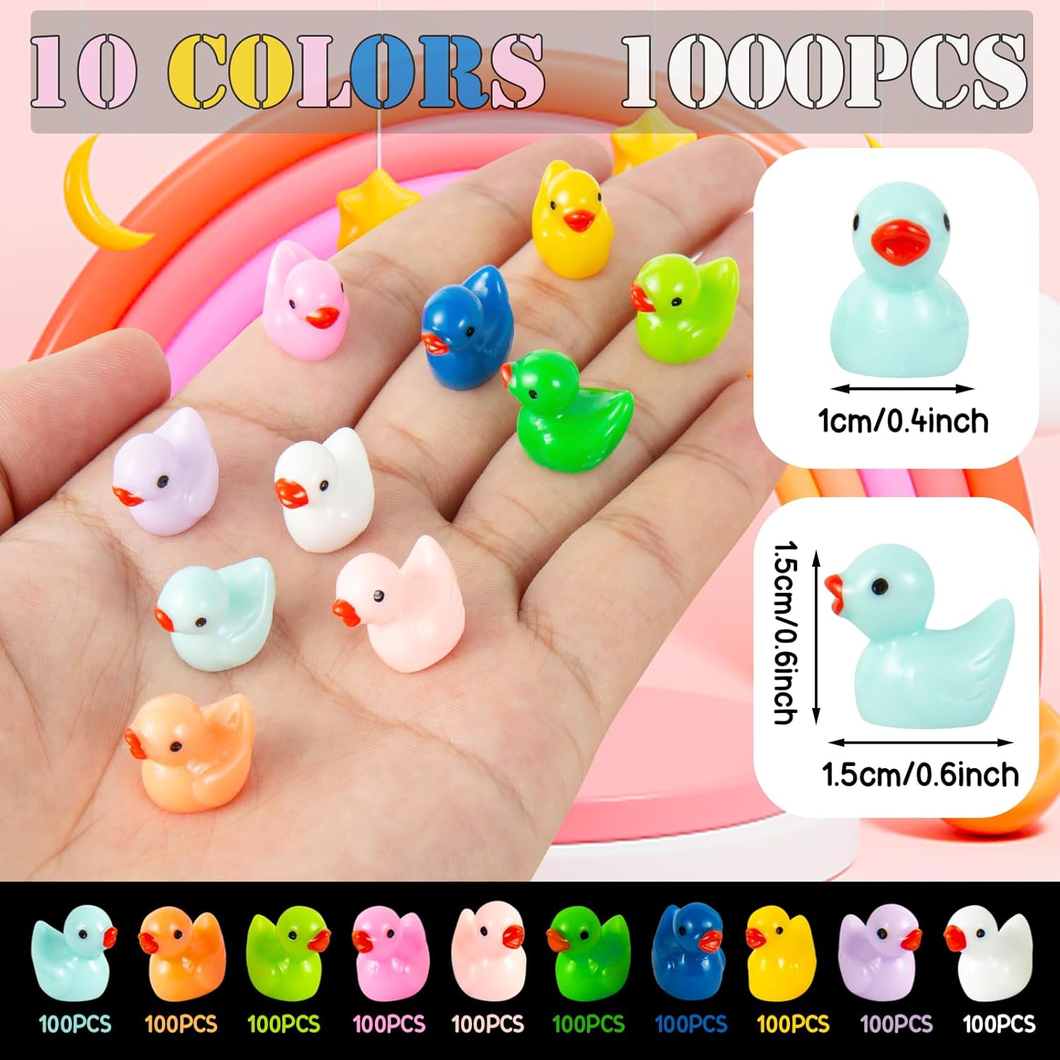 ONLYFU 1000Pcs Mini Resin Duck Bulk Tiny Duck Miniature Ducks Figurine Dollhouse Duck for DIY Fairy Garden Landscape Aquarium Decoration Ornament Party to Hide, Toys Crafts Decor, 10 Colors