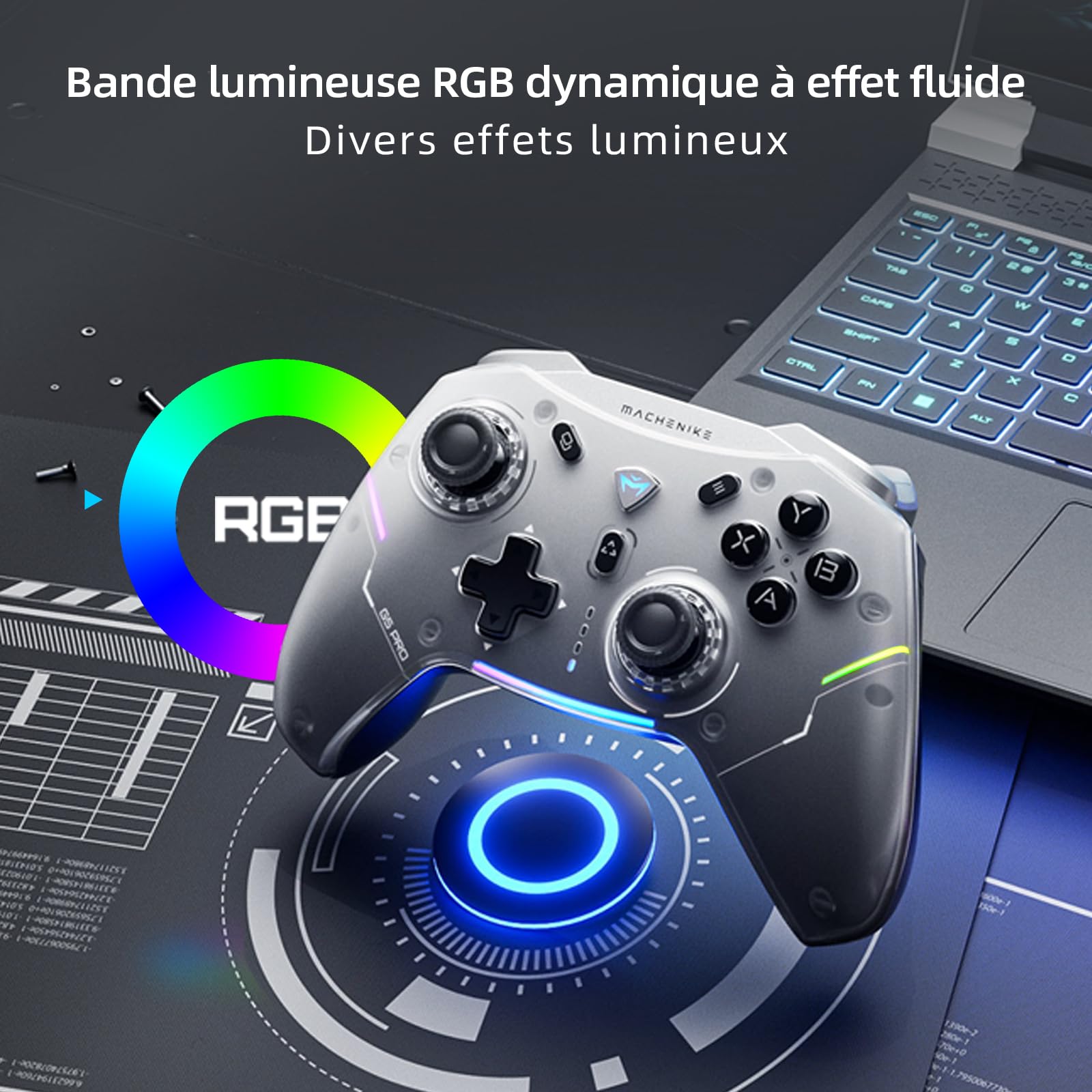 Machenike G5 Pro Manette PC Gamer Sans Fil RGB, Hall Joystick, Manette sans fil Switch Bluetooth pour PC/Mobile Android/iOS/Switch/iPad, Double Vibration, Filaire/BT/2.4G (Blanc)
