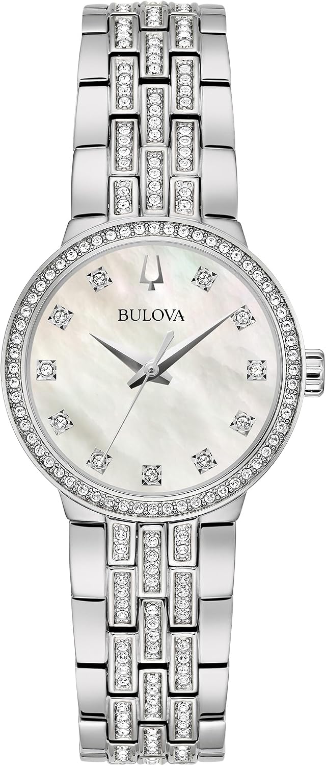 Bulova Ladies' Crystal Stainless Steel Box Set with White Mother-of-Pearl Dial 3-Hand Quartz-Watch and Cross Crystal Pendant-Necklace, 30mm Style:96X163