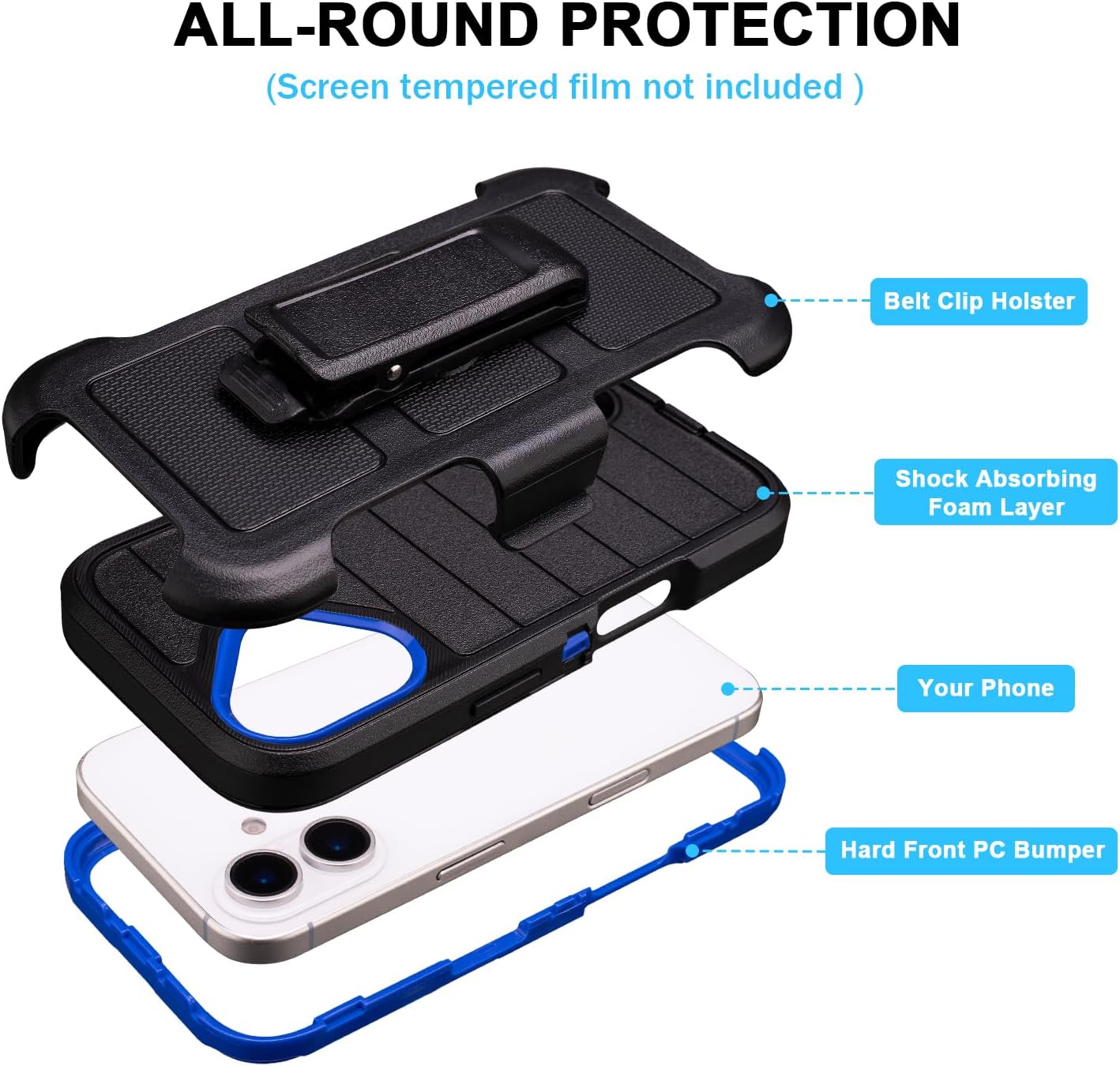 for Rugged iPhone 16 Case with Belt Clip Holster, Military Grade Heavy Duty Shockproof Cover for iPhone16 Case Protective with Stand 6.1 Inch (Black+Blue)