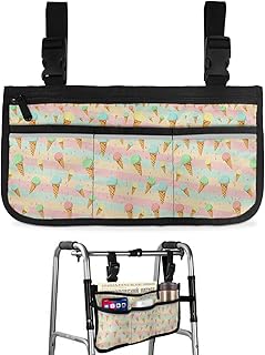 Summer Ice Cream Wheelchair Side Bag Walker Bag, Rainbow Colorful Stripes Wheelchair Accessories Armrest Pouch, Organizer Storage Bag for Walkers, Rollators, Scooters, 7.3'x13'