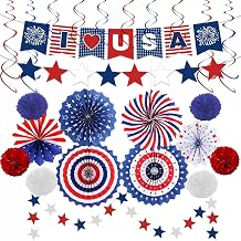 4th of July Decorations Independence Day Patriotic Decor Set-Red White Blue Paper USA Banner Flag Fans Star Streamer Pom Poms for Memorial Veterans Labor Presidents Flag Day Home Parties Accessories