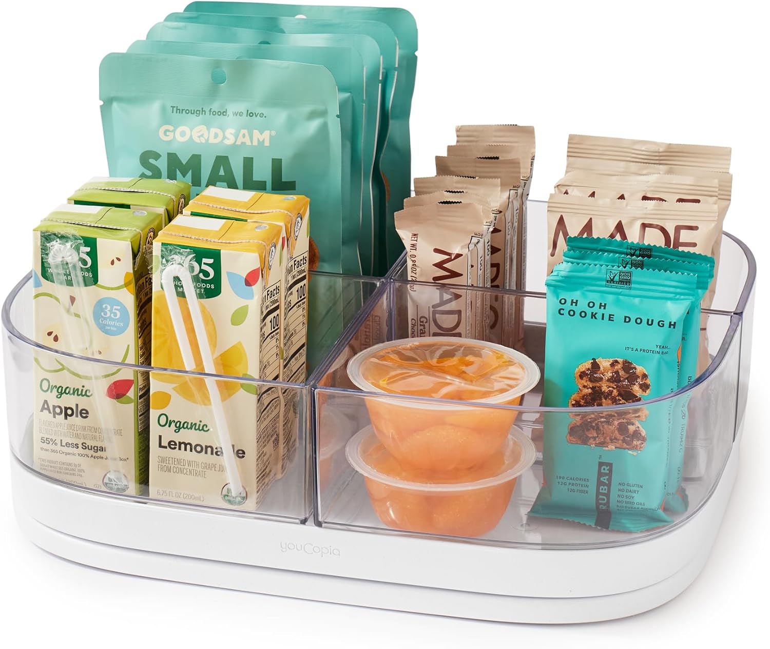 YouCopia MagicTrack Rectangle Lazy Susan Turntable with 4 Clear Storage Bins: Rotating Cabinet Organizer for Kitchen or Bathroom Items, 360° Spin, Non-Slip, White Speckled BPA-Free