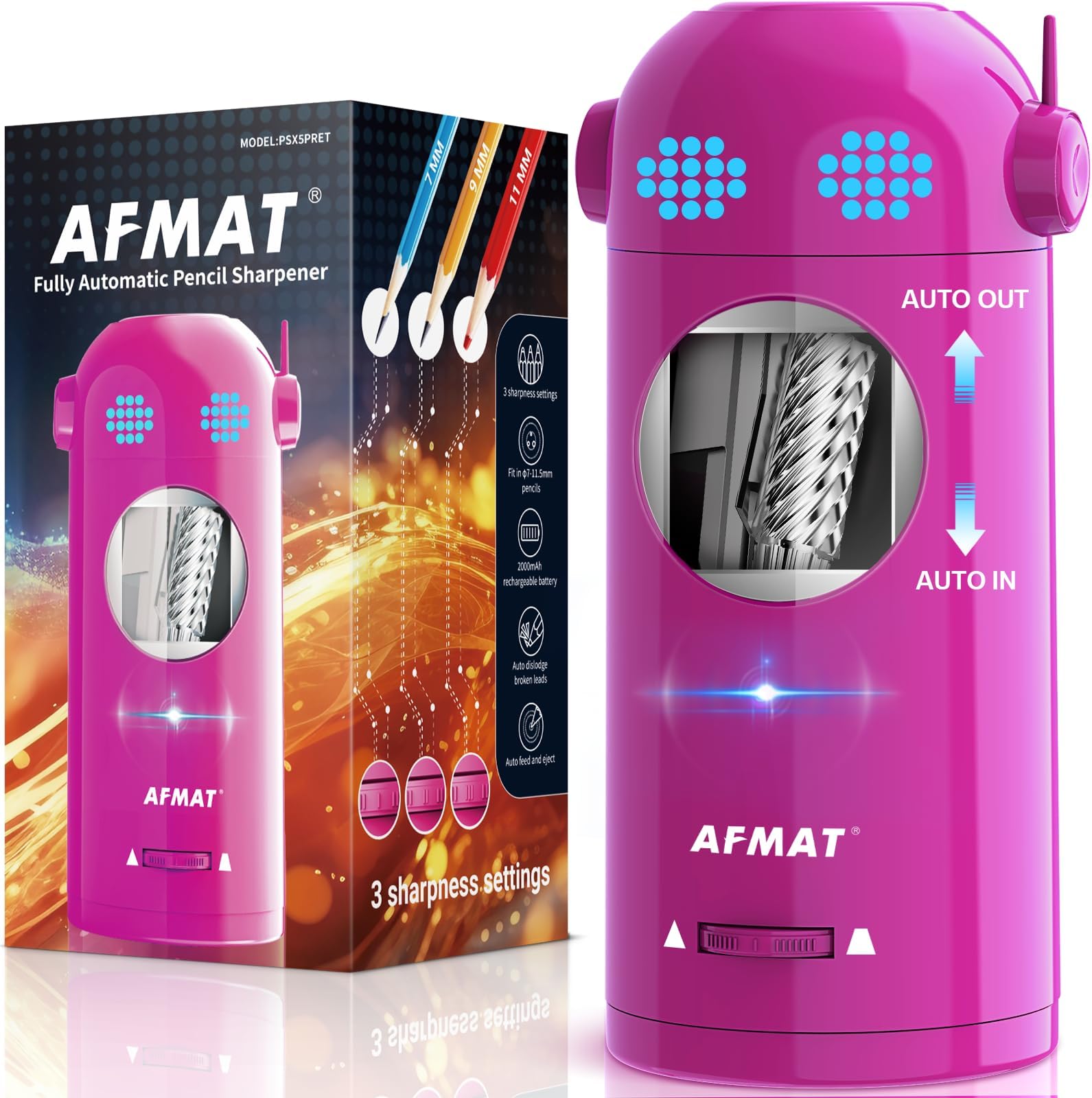 Electric Pencil Sharpener, Fully Automatic Colored Pencil Sharpener for 7-11.5mm Pencils, Auto in & Out, Robot Pencil Sharpeners for Kids, Rechargeable Hands-Free with Dotted Eyes, PSX5ET, Pink